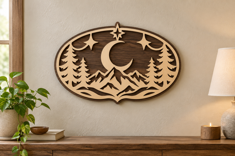 Moon Mountain Oval Laser Cut SVG File, moon mountain oval,