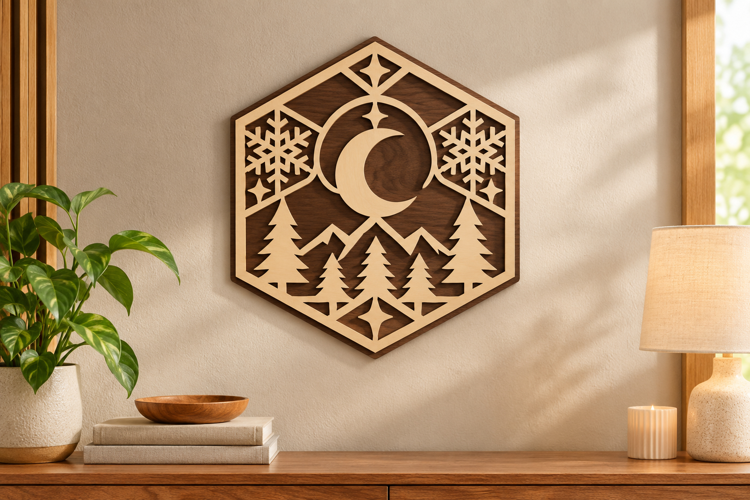 Hexagon Moon Forest Laser Cut SVG File, hexagon moon svg