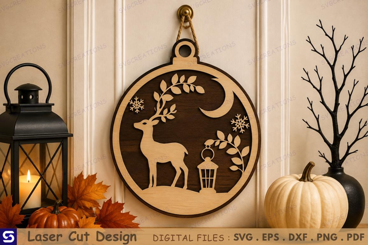 3D Winter Deer & Crescent Moon Wooden Wall Sign Laser Cut