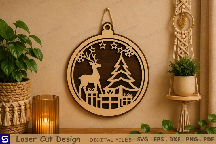 3D Reindeer, Christmas Tree & Gifts Wooden Wall Sign Laser