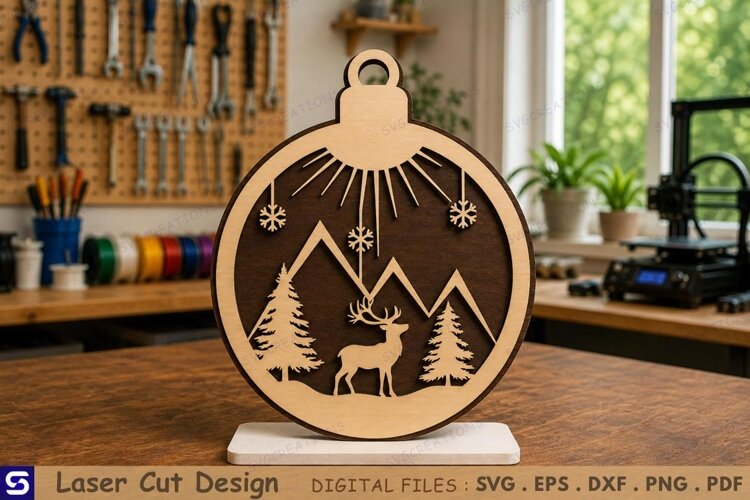 3D Winter Mountain Deer Landscape Wooden Table Decor Laser example image 1