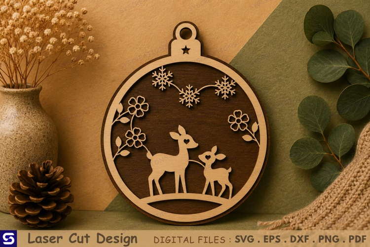 3D Deer & Fawn Floral Winter Wooden Ornament Laser Cut File