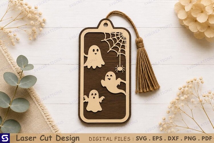 3D Cute Ghost & Spider Web Wooden Bookmark Laser Cut File example image 1