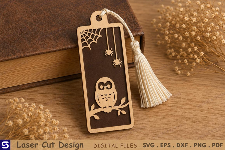 3D Halloween Owl & Spider Web Wooden Bookmark Laser Cut File