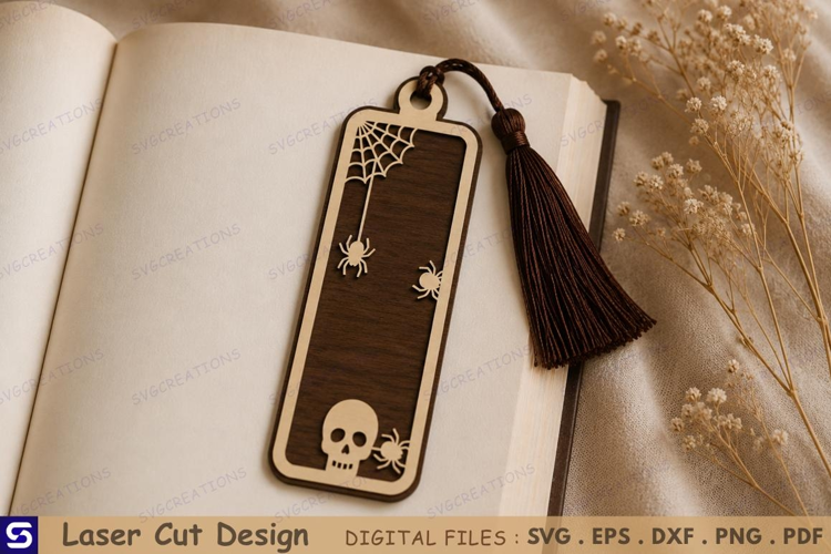 3D Skull & Spider Web Wooden Bookmark Laser Cut File
