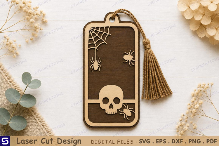 3D Skull & Spider Web Wooden Bookmark Laser Cut File