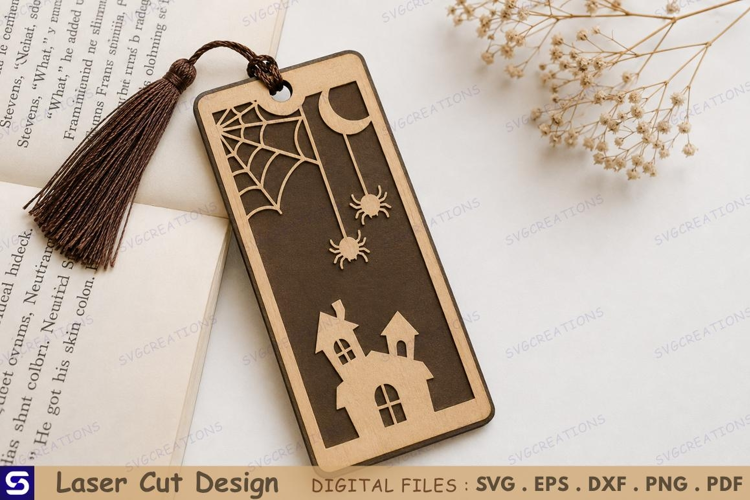 3D Haunted House & Crescent Moon Wooden Bookmark Laser Cut