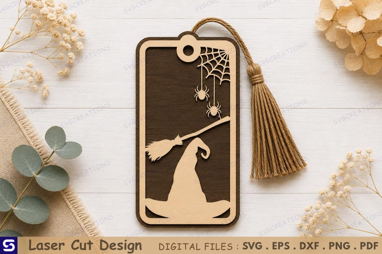 3D Witch Hat & Broomstick Wooden Bookmark Laser Cut File