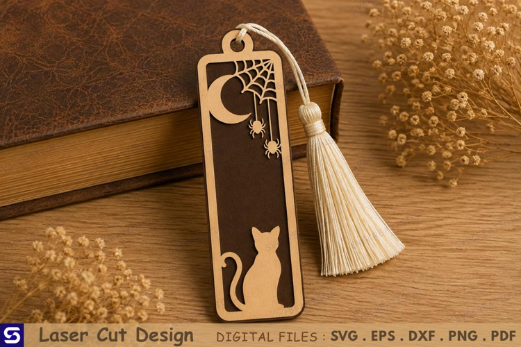 3D Black Cat & Crescent Moon Wooden Bookmark Laser Cut File
