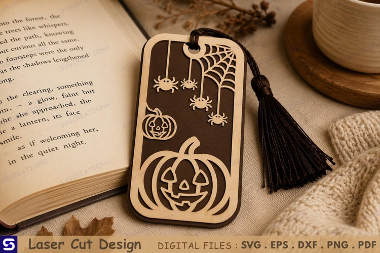 3D Jack-o'-Lantern Pumpkin & Spider Web Wooden Bookmark