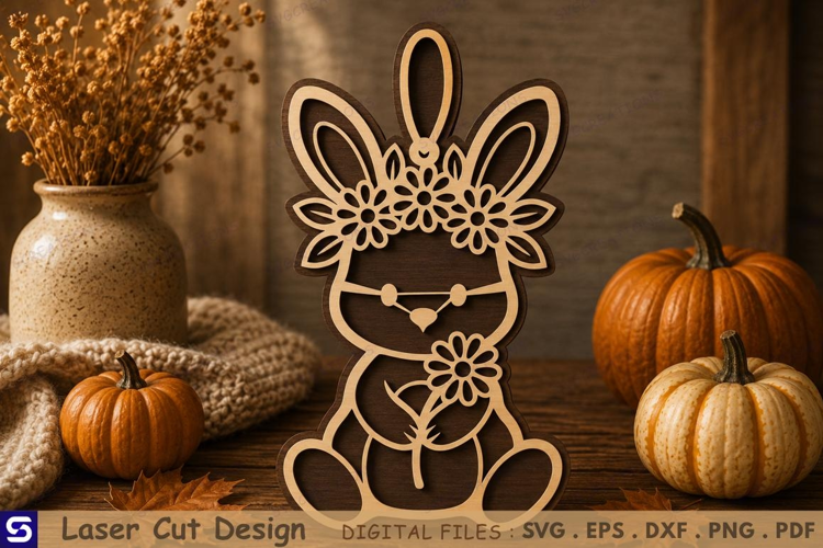 3D Cute Bunny with Floral Crown & Flower Wooden Ornament