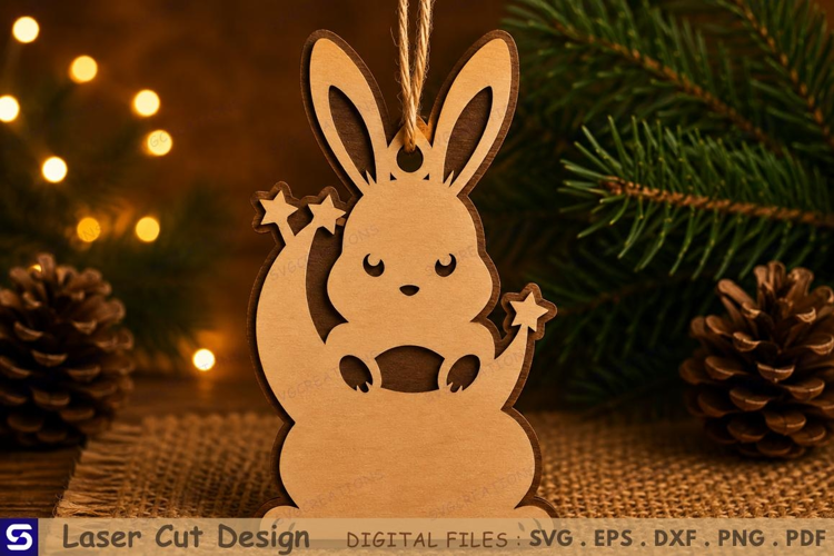 3D Cute Bunny with Crescent Moon & Stars Wooden Ornament