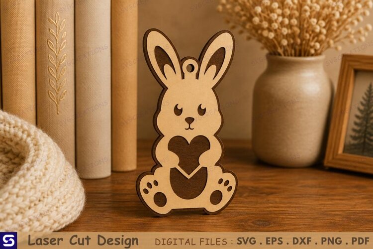 3D Cute Bunny Holding Heart Wooden Table Decor & Ornament example image 1