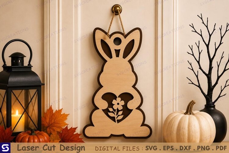 3D Minimalist Bunny Silhouette with Heart & Flower Wooden example image 1