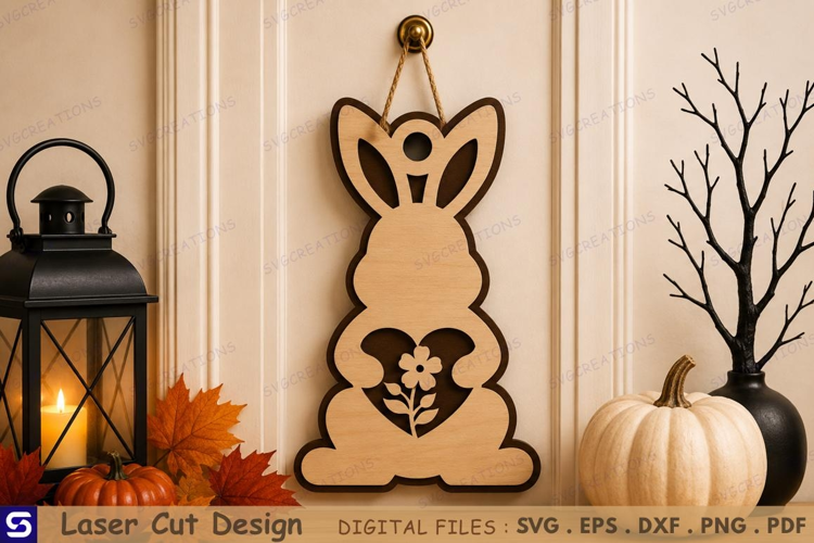 3D Minimalist Bunny Silhouette with Heart & Flower Wooden