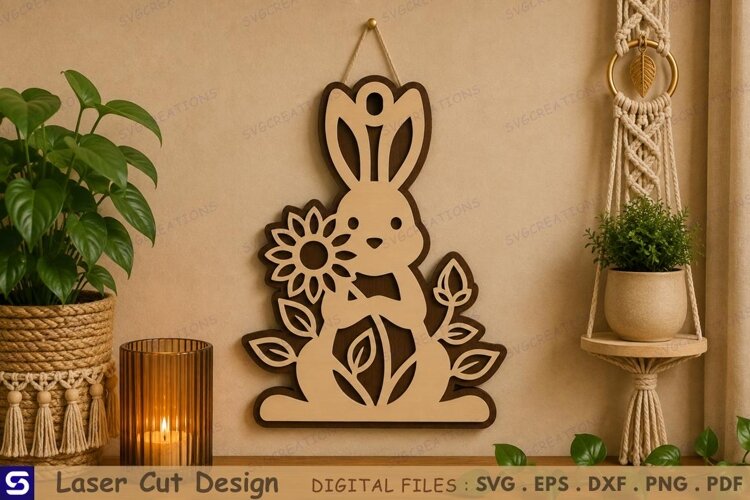 3D Cute Bunny with Sunflower Wooden Wall Sign Laser Cut File example image 1