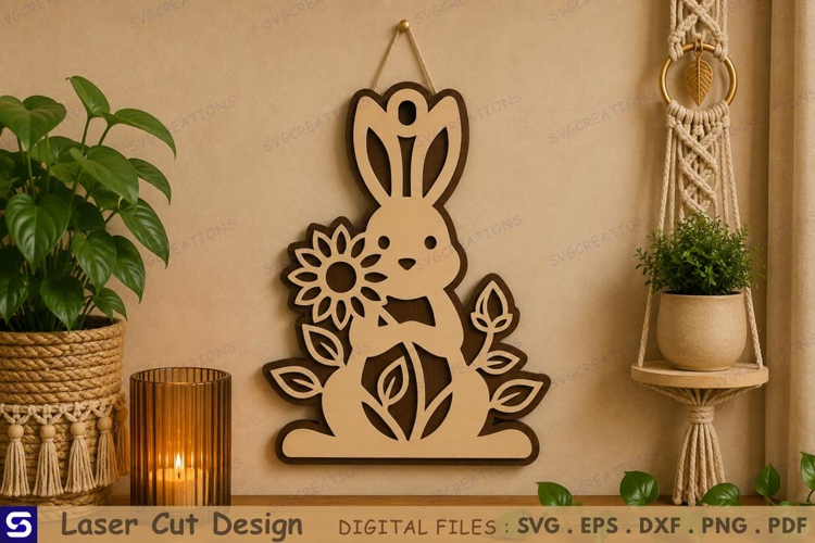 3D Cute Bunny with Sunflower Wooden Wall Sign Laser Cut File
