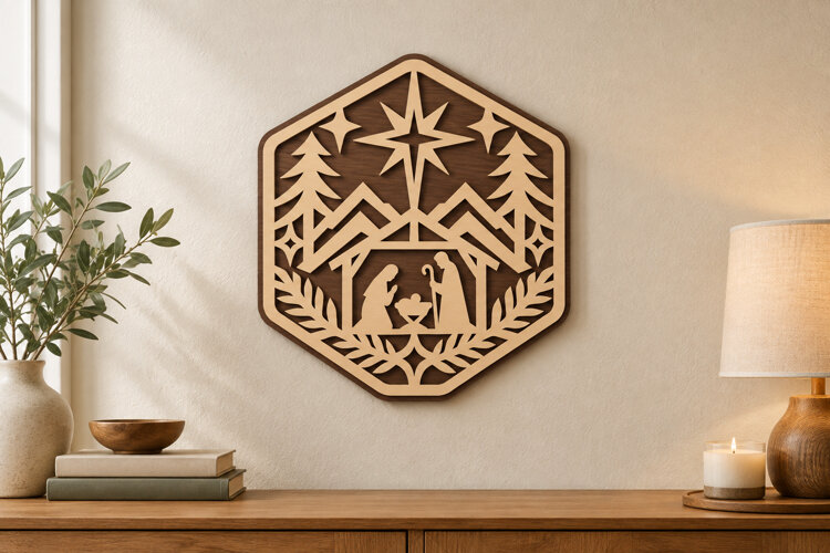 Nativity Hexagon Laser Cut SVG File nativity hexagon svg, example image 1