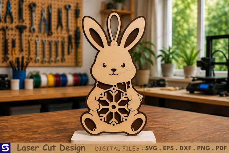 3D Winter Bunny Holding Snowflake Wooden Table Decor
