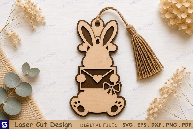 3D Cute Bunny Holding Love Letter Envelope Wooden Bookmark
