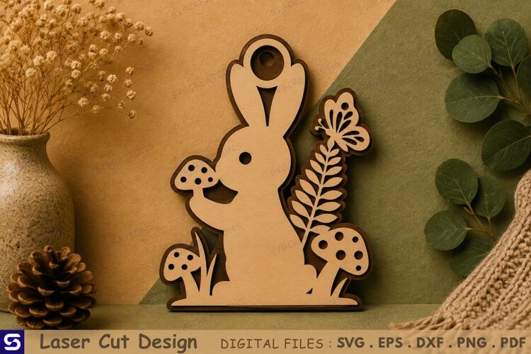 3D Cute Bunny with Butterfly & Mushrooms Wooden Ornament example image 1