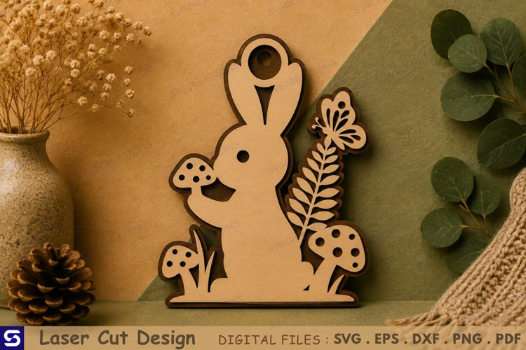 3D Cute Bunny with Butterfly & Mushrooms Wooden Ornament