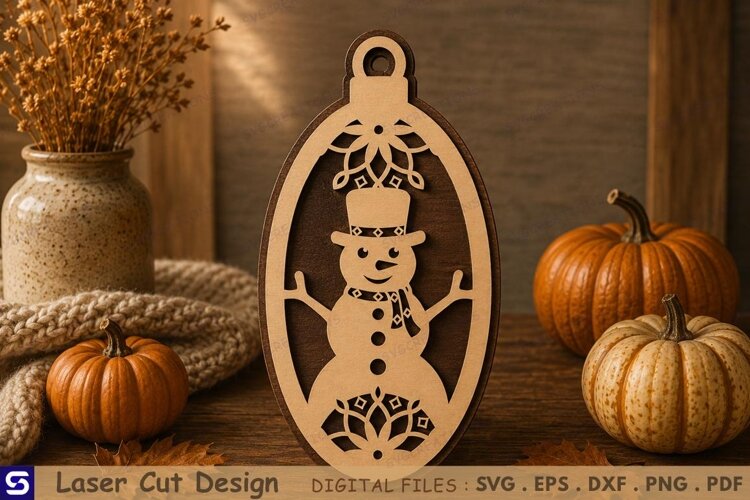 3D Snowman & Mandala Teardrop Wooden Ornament Laser Cut File example image 1