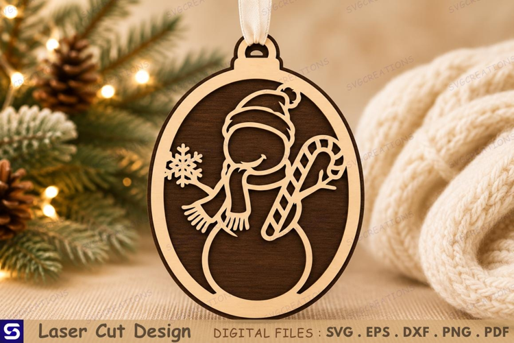 3D Snowman with Candy Cane & Snowflake Wooden Ornament Laser