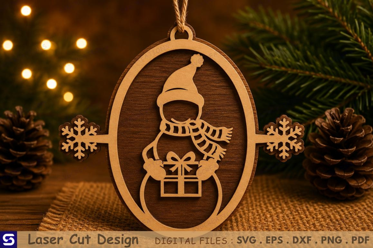 3D Snowman Holding Gift Box Oval Wooden Ornament Laser Cut