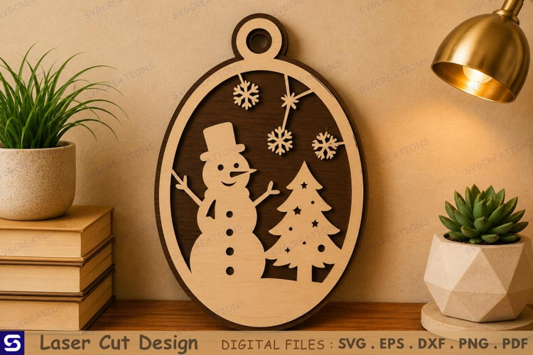 3D Snowman & Christmas Tree Oval Wooden Wall Sign Laser Cut