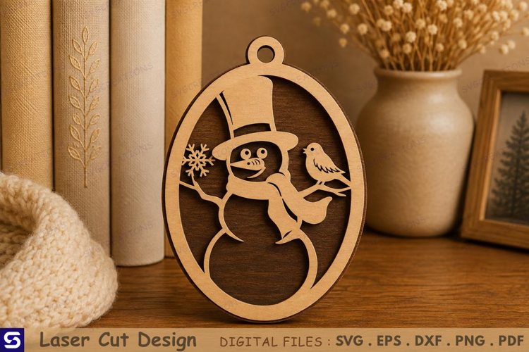 3D Snowman with Bird & Snowflake Oval Wooden Ornament Laser