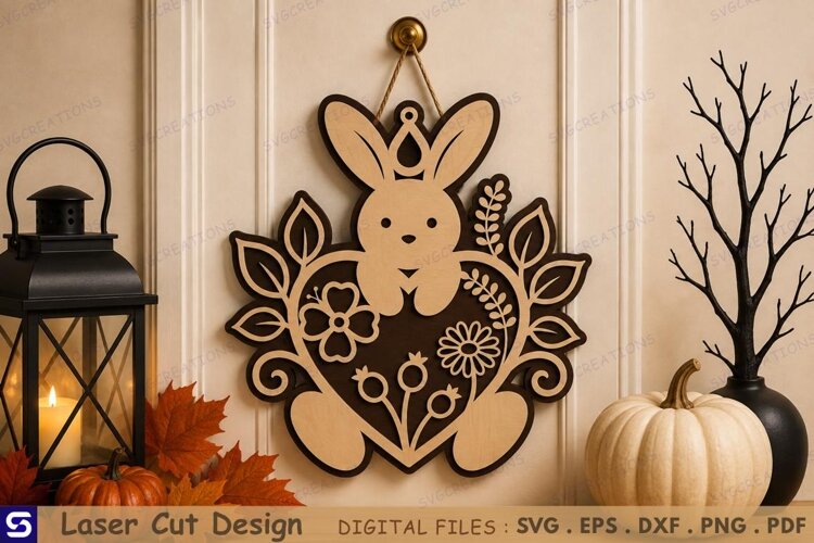 3D Cute Bunny with Floral Heart & Leaf Frame Wooden Wall example image 1