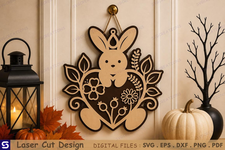 3D Cute Bunny with Floral Heart & Leaf Frame Wooden Wall