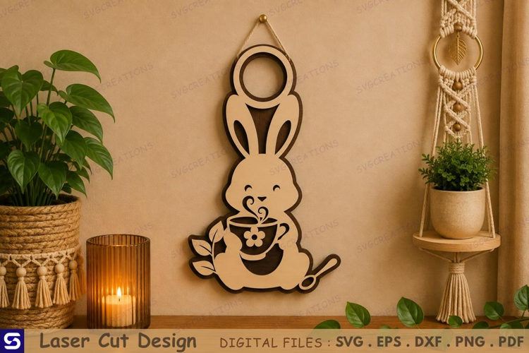 3D Cute Bunny with Steaming Coffee Cup Wooden Wall Sign