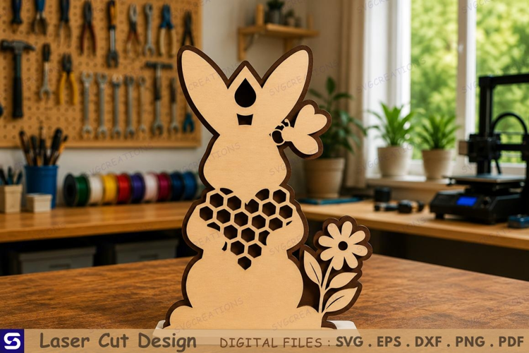 3D Honeycomb Bunny with Bee & Flower Wooden Table Decor