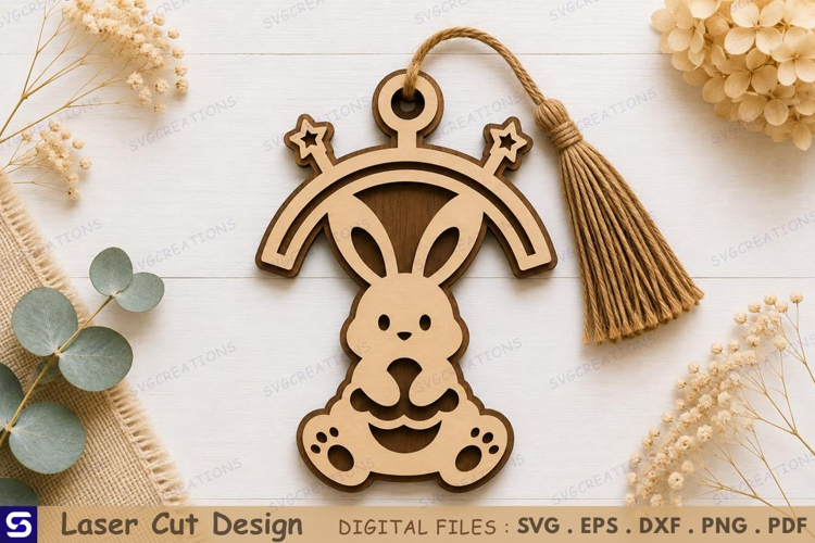 3D Cute Bunny with Star Rainbow Wooden Bookmark Laser Cut