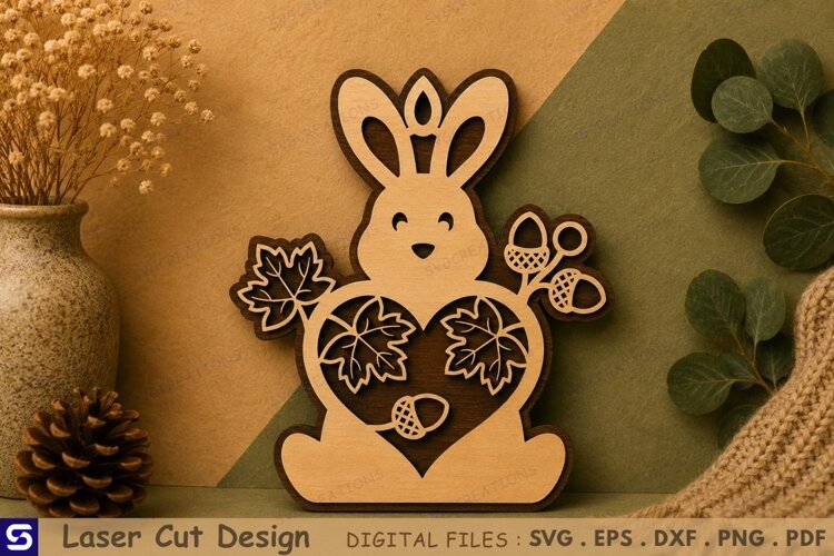 3D Autumn Bunny with Leaves & Acorns Wooden Wall Sign Laser example image 1