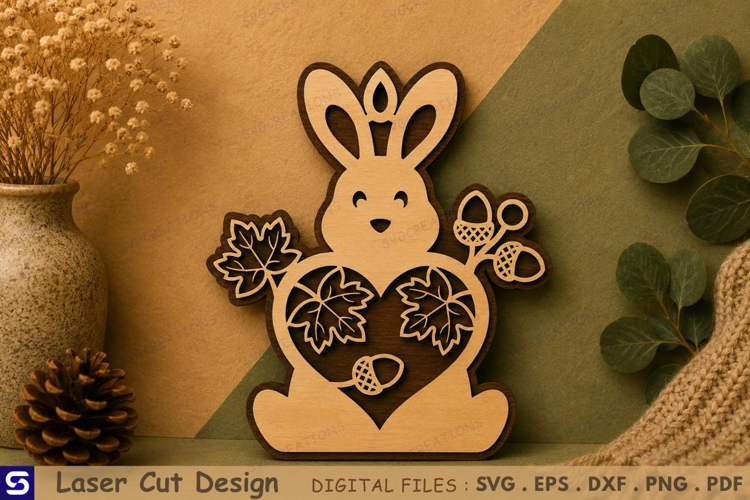 3D Autumn Bunny with Leaves & Acorns Wooden Wall Sign Laser