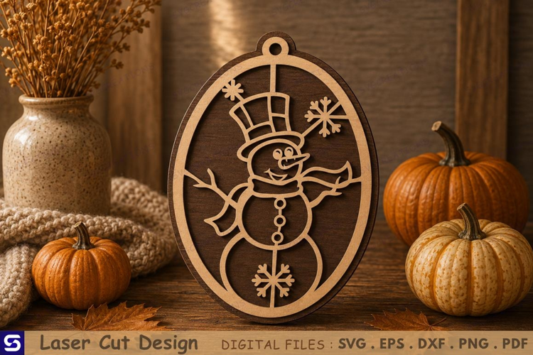3D Snowman with Top Hat & Snowflakes Oval Wooden Ornament