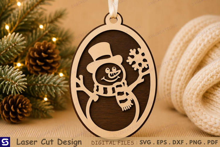 3D Happy Snowman with Top Hat & Snowflake Oval Wooden