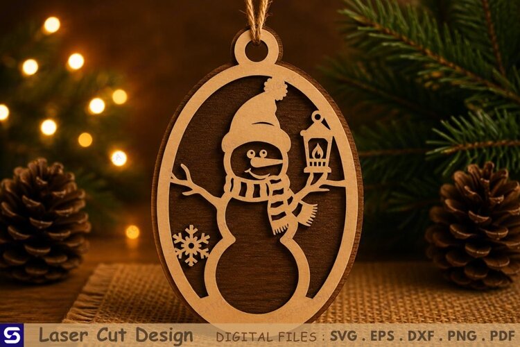 3D Snowman with Lantern & Snowflake Oval Wooden Ornament example image 1