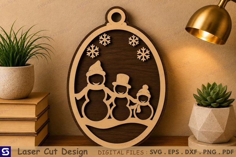 3D Snowman Family Oval Wooden Wall Sign Laser Cut File