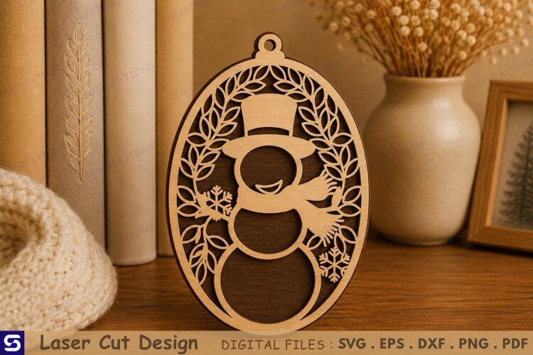 3D Snowman with Leaf Wreath Frame Oval Wooden Ornament Laser example image 1