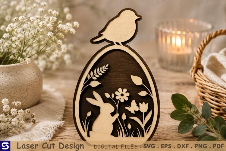 3D Spring Easter Egg with Bird Top & Bunny Meadow Scene Wood example image 1