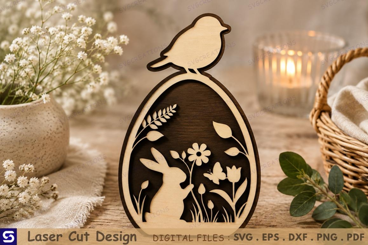 3D Spring Easter Egg with Bird Top & Bunny Meadow Scene Wood