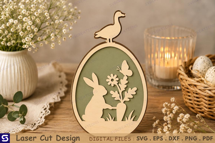 3D Spring Easter Egg with Duck Top & Bunny Flower Scene Wood