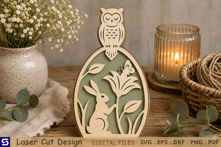 3D Spring Easter Egg with Owl Top & Bunny Flower Scene