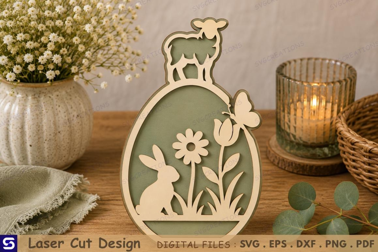 3D Spring Easter Egg with Lamb Top & Bunny Garden Scene Wood