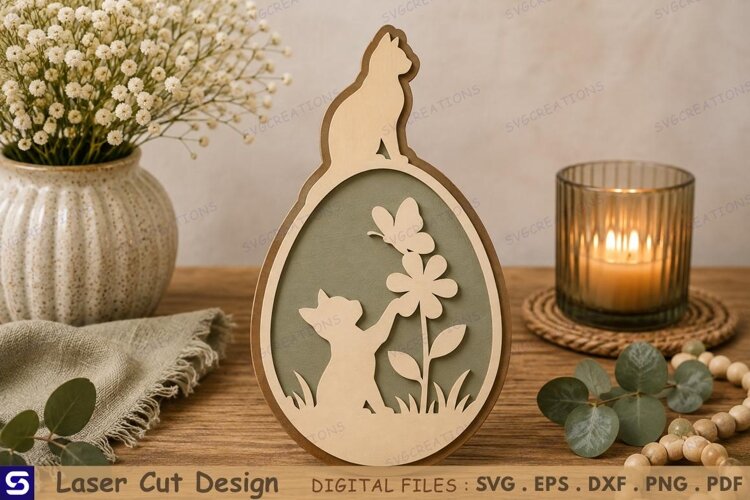 3D Spring Easter Egg with Sitting Cat Top & Kitten Flower example image 1