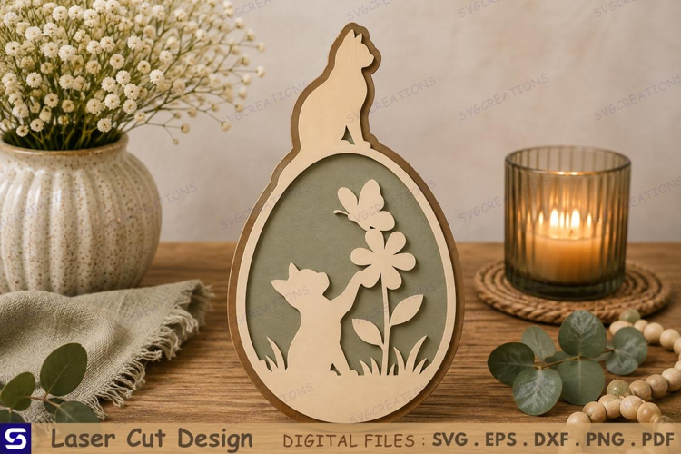 3D Spring Easter Egg with Sitting Cat Top & Kitten Flower